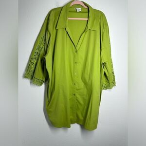 Chelsea Studio Green 3/4 Sleeve Button Front Blouse Embroidered Size 5X EUC